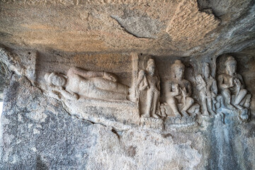 Fototapeta na wymiar Nasik or Pandavleni Caves, a group of 24 caves carved between the 1st century BC and the 3rd century CE, additional sculptures were added up to about the 6th century