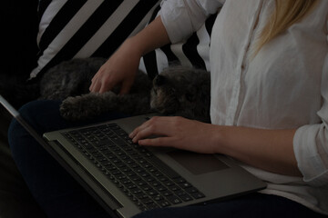 young girl home office with a dog