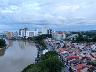 Kuching, Sarawak / Malaysia - October 10 2020: The iconic landmark building of Dewan Undangan Negeri (DUN) of Sarawak at Waterfront area of Kuching city