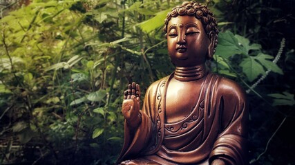 photograph of buddha statue in meditation in the forest