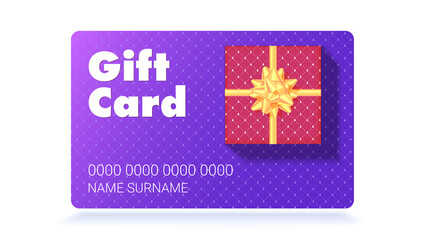 Gift card with gift box. Classical pattern on red box with gold bow. Vector 3d illustration