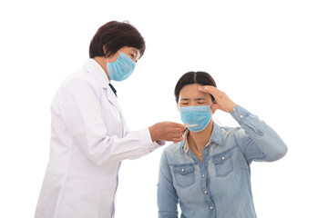 The female doctor in the fever clinic examines the fever patient