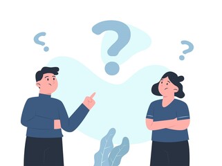 Man and woman thinking with question mark