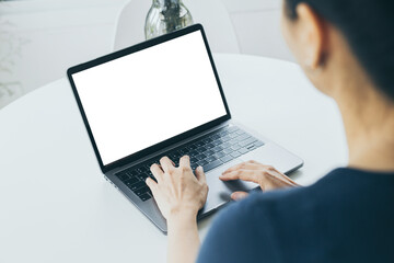 computer mockup blank screen.hand woman work using laptop with white background for...