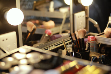 Selective focus and zoom photo of make up case details with a mirror in dressing room.