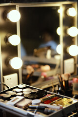 Selective focus and zoom photo of make up case details with a mirror in dressing room.