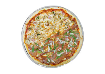 Closeup Two Flavors Italian Pizza Isolated on White Background with Clipping Path