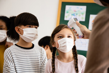 A group of Kids students wearing masks lined up waiting for woman teachers to Check Fever by Digital Thermometer in the classroom for Scan and Protect from Coronavirus Outbreak - Healthcare Concept
