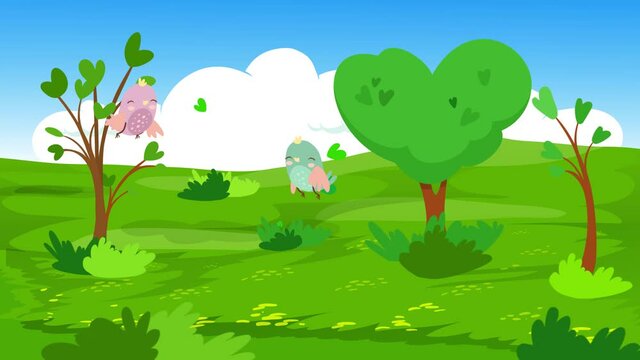 nature background 4k animation ,flying birds,trees motion in the wind,clouds in the sky