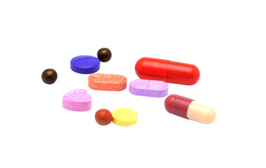 Colorful medicine pills isolated on white background.