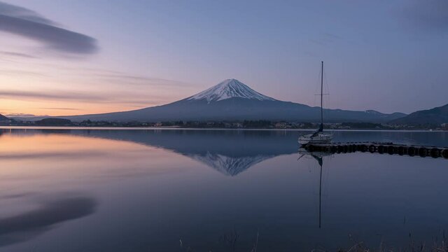 Sunrise of Mt Fuji at Lake Kawaguchiko and boat at the pier