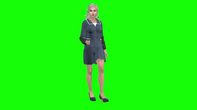3d animation, a avatar girl dressed in a blue uniform walks along and stands talking.
