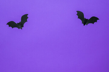 Two figures of bats on a lilac background.