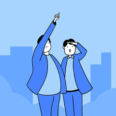 A guy is showing something to another person. They are watching the sky. One person points out an object. Vector illustration.