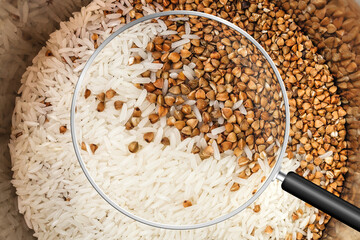Top view of raw rice and buckwheat grain. Healthy food. View through magnifying glass