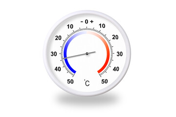 Outdoor thermometer on white background. Ambient temperature minus 34 degrees celsius