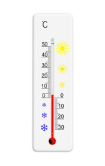 Celsius scale thermometer for measuring weather temperature. Thermometer isolated on white background. Ambient temperature plus 4 degrees