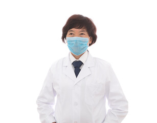 Female doctor wearing a mask in front of white background