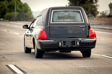 A black hearse driving down a freeway - obrazy, fototapety, plakaty