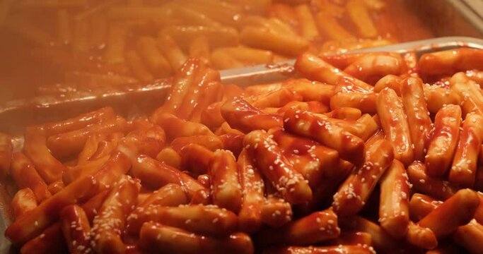 close up Korean Topokki (rice cake). Traditional Korean snack