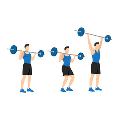 Fototapeta na wymiar Sports man training shoulder push press and thruster snatch workout. CrossFit sport exercise. Healthy active fitness body shape motivation.