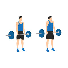 Fototapeta na wymiar Sports silhouettes. Workout, man in shorts doing sport. shoulder Shrugs with weight. barbell