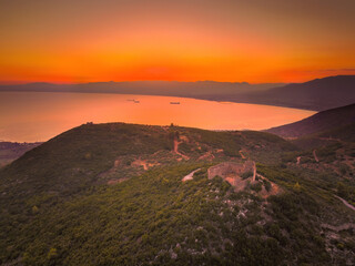 Fototapeta na wymiar Aerial view of Kapetanakis Tower at dusk in Messinia region, Greece