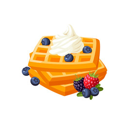 Pile of waffles topped with whipped cream and berries. Vector illustration cartoon flat icon isolated on white background.