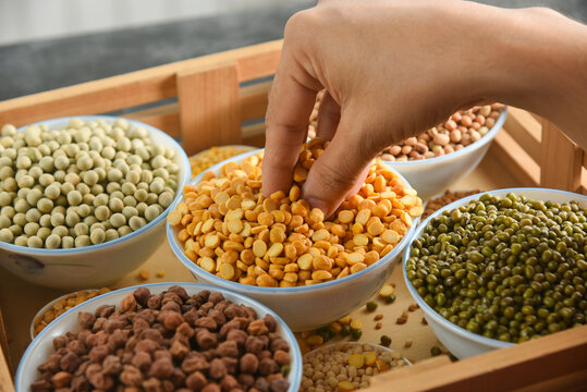 Various sources of vegetable protein beans, lentils, peas, chickpeas, mung bean in bowls. Indian Pulses uncooked , Lentils, Rice healthy balanced diet for vegans, vegetarians. Legumes dal daal in hand