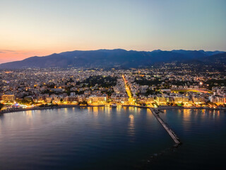 Fototapeta na wymiar Aerial view of Kalamata port at dusk, one of the biggest ports in Peloponnese, Greece