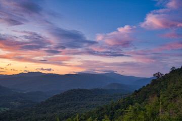 Sunset in the mountains, Laos, view from Phu Hua Hom National Park, Na Haeo District, Loei Province
