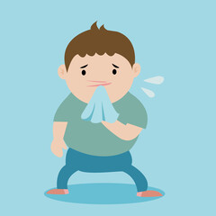 cartoon a boy sneezing; sickness concept