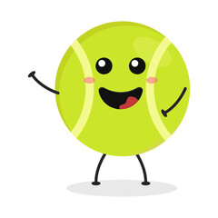 Cute flat cartoon tennis ball illustration. Vector illustration of a cute tennis ball with a smiling expression.
