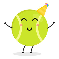 Cute flat cartoon tennis ball illustration. Vector illustration of a cute tennis ball with a smiling expression.