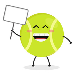 Cute flat cartoon tennis ball holding a sign illustration. Vector illustration of a cute tennis ball with a smiling expression.