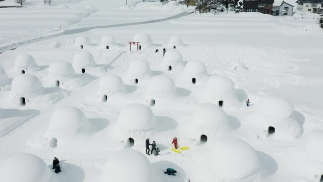 Aerial view of a tourist igloo village in Iyama Japan