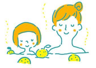 ゆず湯を楽しむ親子のシンプル手描きイラスト