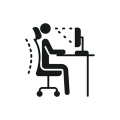 Ergonomic workplace icon. Computer desk workstation infographic. correct postures office syndrome of back body position for spine, neck care, eye sight. Solid, Glyph style. Vector illustration. EPS 10