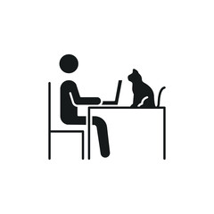 Human figure work on laptop with cat on table. graphic designer lifestyle. Freelance working from home office. solid pictogram. Glyph style. vector illustration. Design on white background. EPS 10