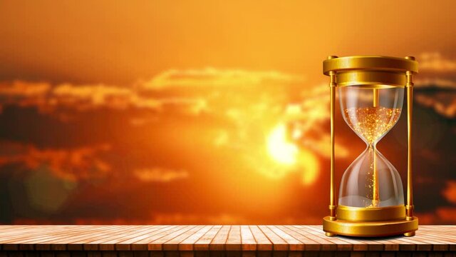 golden hourglass on a wooden floor animation,sunset background