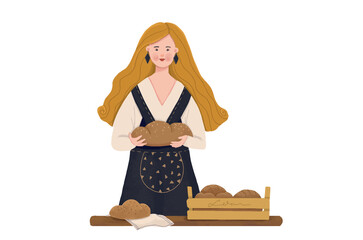 Baker girl and bread. Modern flat vector concept illustration of a baker cartoon girl. Rye bread, loaf, grain, bun, roll. 