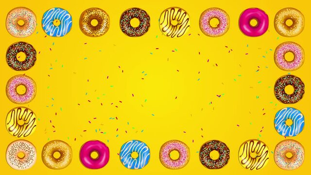colorful donuts and sprinkles animation on a yellow background,glaze and chocolate decorations