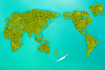 Aerial view small green island that shape looks like world map and cargo ship pass through