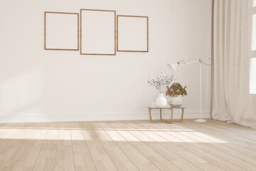 modern room with table,lamp,plant and frames interior design. 3D illustration