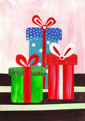 Christmas Gift Box, decorated with ribbons and bows. Boxing Day. Green, red, white colors. X-Mas festive collage. Good for greeting card, wall poster, sale ad, lovely thing that complements your gift.