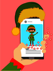 vector of elf in mobile screen, Christmas background