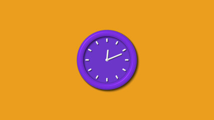 Counting down purple color 3d wall clock isolated on orange color background, 12 hours wall clock