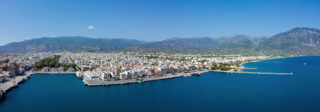 Aerial view of Kalamata port at daylight, one of the biggest ports in Peloponnese, Greece