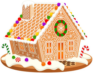 Vector illustration of an ornately decorated gingerbread house.