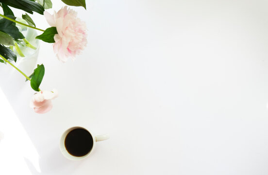 White background with coffee and pink flower (peony). Flat lay